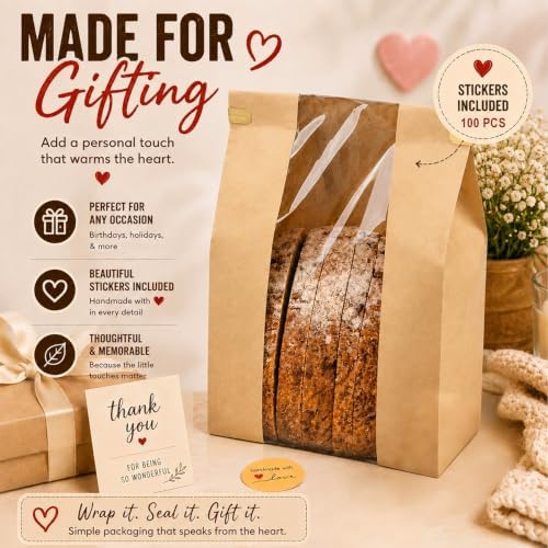 50 Pack Large Paper Sourdough Bread Bags with Tin Tie Tabs & 100 Stickers | 14" X 8.3" X 3.5" Kraft Bags with Clear Window Bread Bags for Homemade Bread, Bakery Display, Cookies, Popcorn and Gifts - Image 5