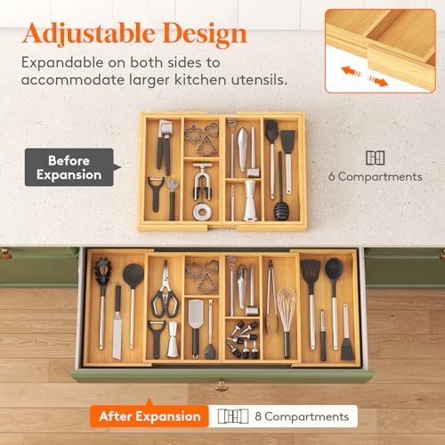 Lifewit Expandable Utensil Organizer for Kitchen Drawer, Cutlery Holder | Adjustable Cooking Silverware Tray, Bamboo Flatware Spatula Tools Gadgets Storage Divider, 21-36 x 16", Natural - Image 4