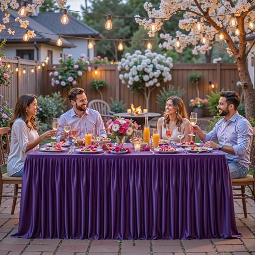PARTISKY 1 Pack Purple Tablecloths for Rectangle Tables 8ft, Wrinkle Resistant Spandex Table Cover Fitted Stretch Table Cloth with Pleated Ruffle Skirts for Party Banquet Dining Birthday Wedding - Image 5
