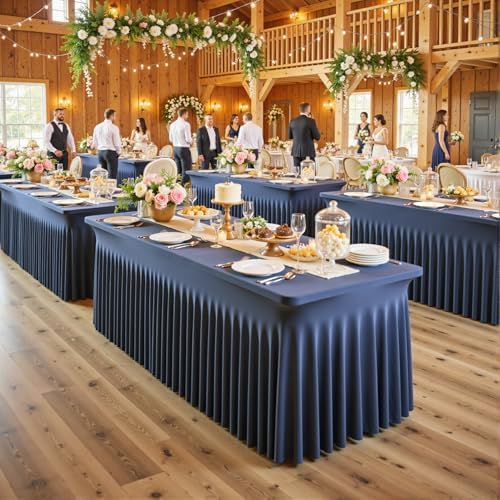 2 Pack Navy Blue Spandex Table Covers & Table Skirt for 6FT Rectangle Tables - Fitted 6 Foot Stretch Fabric Tablecloth with Pleats, Wrinkle Free for Weddings, Parties, Craft Fairs & Folding Tables - Image 2