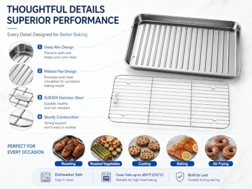 18/8 304 Stainless Steel Baking Sheet with Rack, Ridged Bottom, 4-Piece Set - Image 6