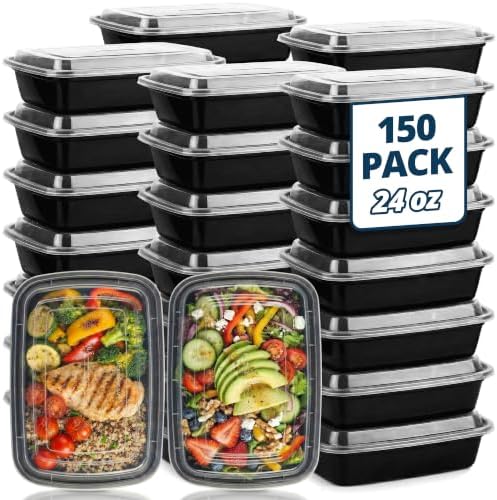 TIYA Food Containers - 24 oz Bulk 150 Pack with Lids - Rectangular Plastic To-Go Containers - Reusable, Microwavable, Dishwasher Safe - Leak-Proof for Meal Prep - BPA-Free by TTIYA
