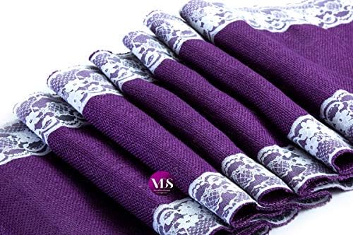 VDS Pack of 12, Burlap Table Runner with White Lace Edge, 100% Natural Jute Rustic Hessian Table Cloth Centerpiece for Wedding Birthday Party Banquet Table Decoration (Size 12X108 Inch)(Purple) - Image 2