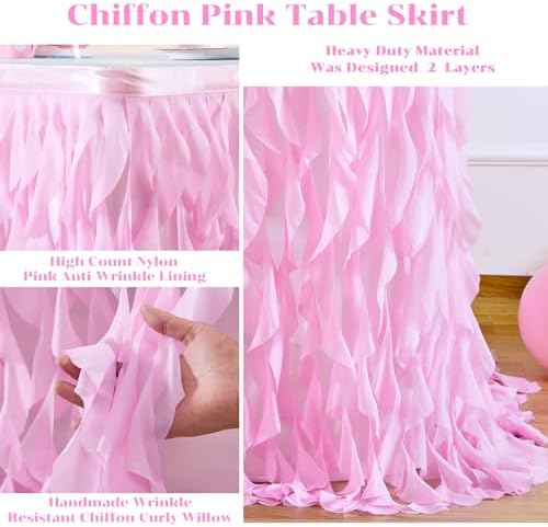 PARTISKY Pink Tulle Curly Willow Table Skirt for Rectangle Table 6ft, Ruffle Tutu Table Cloth for Girls Baby Shower,Birthday Party Candy Cake Tables - Image 5