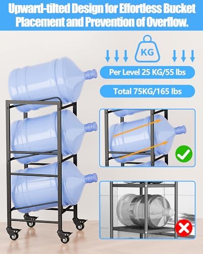 5 Gallon Water Jug Holder, Movable 3 Tier Heavy Duty Water Rack with 4 Wheels, Rack for Water Jug Storage, Space Saving Water Stand for Three 5 Gallon Water Jugs, Black - Image 5