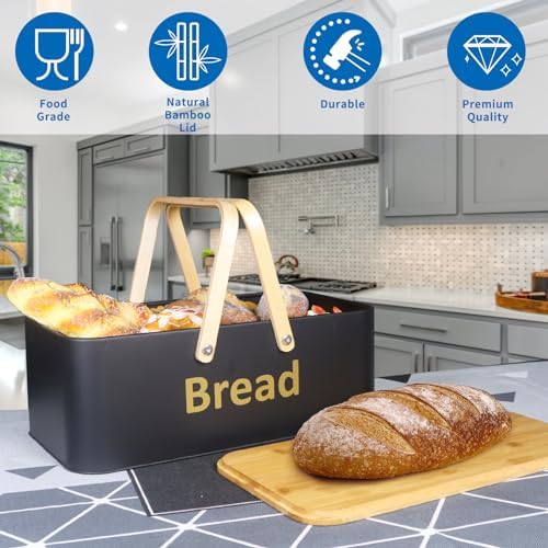 SOTECH Large Bread Box Metal Bread Bin with Bamboo Lid and Handle Portable Outdoor Bread Food Storage Container Modern Bread Box for kitchen Counter Organizer Kitchen Decor (black) - Image 4