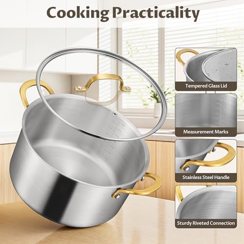 BEZIA 12 QT Stock Pot with Lid, Full Clad Tri-Ply Stainless Steel Soup Pot - Image 4