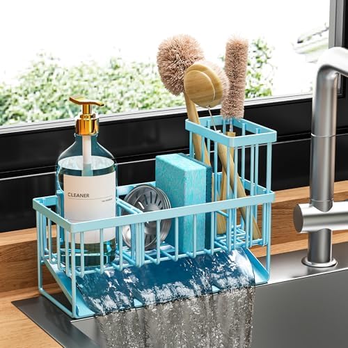 Cisily Blue Kitchen Sink Caddy Organzier with High Brush Holder, Sponge Holder for Sink, 304 Rustproof Stainless, Kitchen Countertop Soap Dispenser Organizer, Blue Home Decor and Accessories by CISILYHOMELIFE