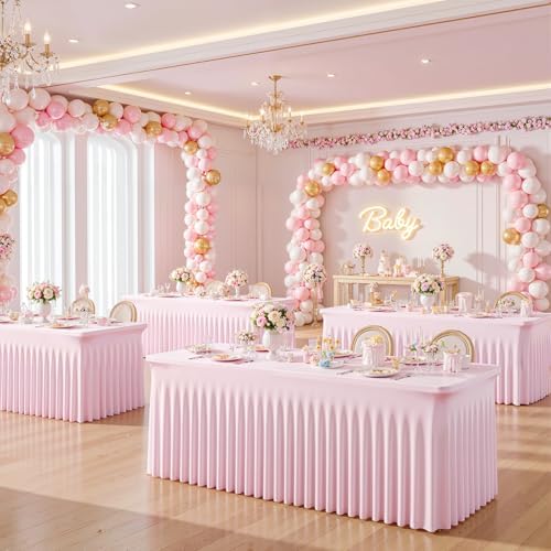 6 Pack 8ft Pink Spandex Table Cloths for Rectangle Tables Wrinkle Free Pink Rectangle Tablecloths Stretch Fitted Table Cover with Skirt for Baby Shower Girl Birthday Party Wedding Banquet Buffet - Image 3