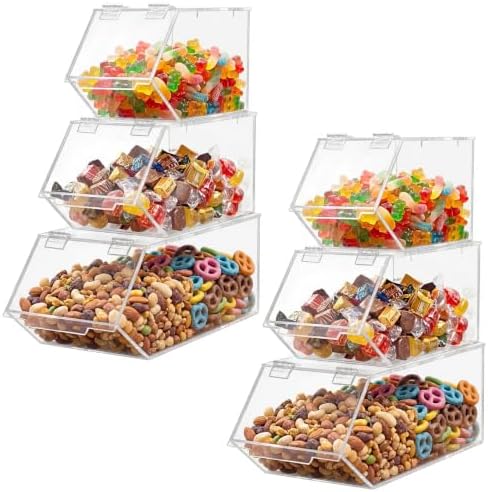 2 Sets/6 Pcs Stackable Candy Bins with Hinged Lid Small Medium Large Clear Acrylic Storage Bins Stackable Pantry Storage Caddy for Cereal Nuts Candies Snack Ice Cream Toppings, Wrapped Snacks by Unknown