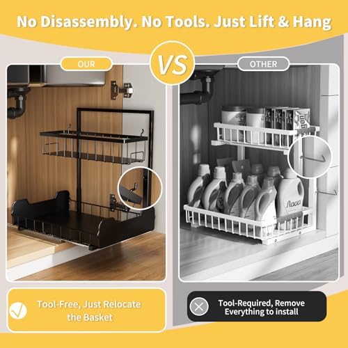 PureBox Under Sink Organizer, 2-Tier L-Shaped Pull Out Cabinet Shelf with 2 Installation Methods, Adjustable Sliding Storage Drawer for Kitchen, Bathroom, Laundry, Metal, Black, 2-Pack - Image 5