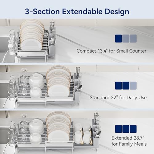 Stainless Steel Dish Drying Rack - Expandable Dish Racks for Kitchen Counter Organizer with Drain Board, Detachable Utensil & Cup Holder, Dish Drainer for Small Kitchen Counter, Grey - Image 3