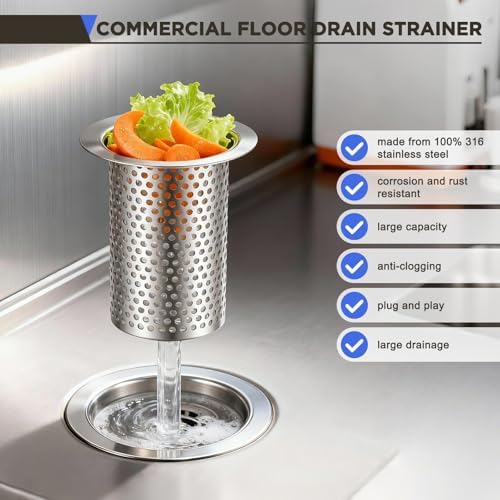 2 Pcs Commercial Floor Drain Strainer Perforated Cylindrical Mesh 316 Stainless Steel Drain Basket with Carry Handle –Heavy-Duty, for Restaurants, Kitchens, Factory (3" Diameter X 4" Tall) - Image 3