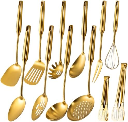 304 Stainless Steel Small and Large Spoons Set, Gold Cooking Utensils Set 12 PCS All Metal Kitchen Tools, stainless steel cookware set -Whisk, Fork, Tongs, Turner, Ladle, Spatula，Skimmer, Pasta by Unknown