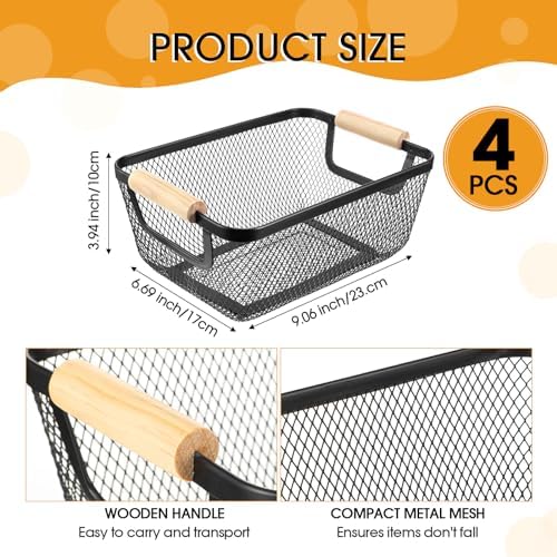 Ziliny 4 Pcs Metal Mesh Wire Baskets with Wooden Handles for Organizing, Pantry Organizers and Storage Steel Bin Kitchen Baskets for Fruit Potato Onion Snacks Bathroom Cabinet(Small,Black) - Image 2