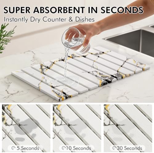 4 Pcs Stone Dish Drying Mat for Kitchen Counter, 24''x16'' Super Absorbent Diatomaceous Earth Stone Drying Mat Faucet Mat with 2 Coasters, Quick Dry Mat for Kitchen Counter Dishes Cups - Image 3