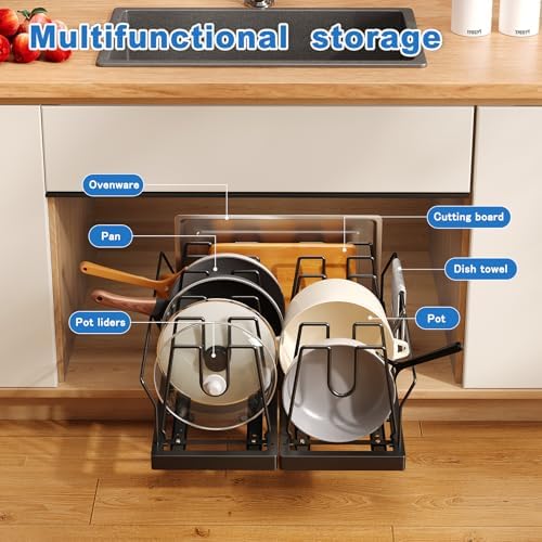 Mustorn 2 Pack Pots and Pans Organizer Under Cabinet, 21.6" Deep Pull Out Pot Lid Organizer Holder with Guardrail Adhesive Pot and Pan Holder Rack with 10 Adjustable Dividers(Black) - Image 2