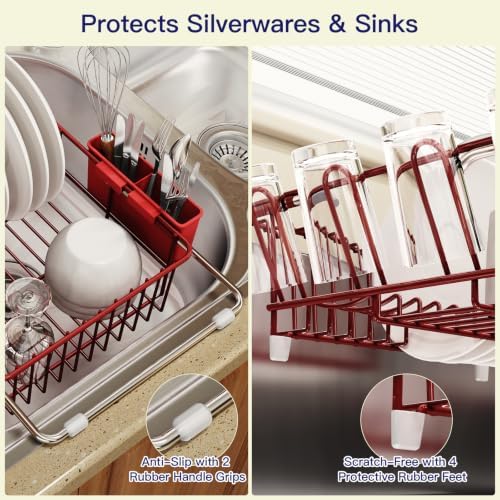 MAJALiS Red Dish Drying Rack Over The Sink with Utensil Holder - Image 5
