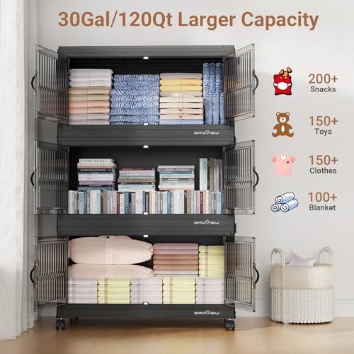 BROVIEW 360Qt Stackable Storage Bins with 3 Lids, Extra Large Closet Organizer Collapsible Drawer Boxes with Wheels, Folding Plastic Cabinet Containers for Home Kitchen Room Organization, 3Pack Black - Image 3