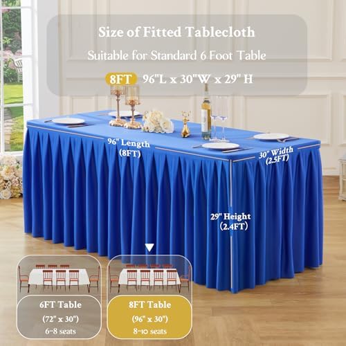 6 Pack Royal Blue Rectangle Tablecloth 8 FT Stretch Spandex Fitted Table Cloth for 8 Foot Rectangle Tables Banquet Tablecloths Wrinkle Free Table Cover Skirt Ruffle Tablecloth for Party Wedding - Image 5