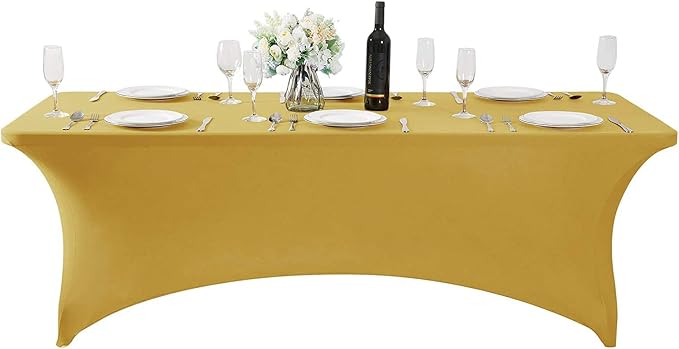 MDS® Pack of 12 Spandex Tablecloth 8FT Tight Fitted Stretch Table Cover – Washable Wrinkle-Free Reusable Elastic Patio Tablecloth for Wedding, Party, Banquet, Trade Show, Event Décor - Gold - Image 2