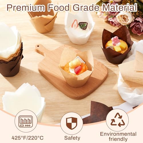 Motiskyy 600 Pcs Jumbo Muffin Liners for Baking 2-1/4" x 4" Large Tulip Cupcake Liners Greaseproof Cupcake Wrapper Paper for Weddings Birthday Christmas Anniversaries Party (Light Brown,White,Brown) - Image 4