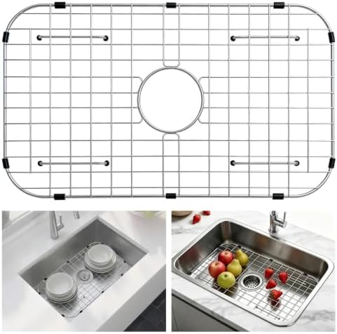 AWOKE Sink Rack for Bottom of Sink (26 x 14.2 Inch), Center Drain Sink Protectors for Kitchen Sink, Stainless Steel Heavy Duty Metal Wire Grate for Single Bowl Farmhouse Sink Bottom,Soft Rubber Feet by AWOKE
