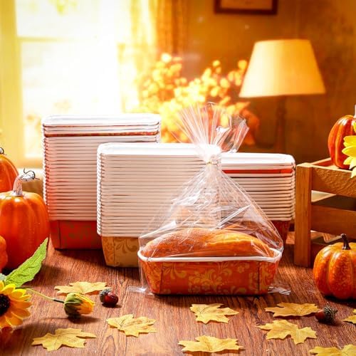Vesici 100 Sets Fall Paper Loaf Pans Mini Disposable Baking Pans | 6.3 x 2.2 x 2.2 Inch, Cake Pan Liners, with Clear Plastic Bags and Ties, Autumn Rectangle Bread Mold for Bakery - Image 6