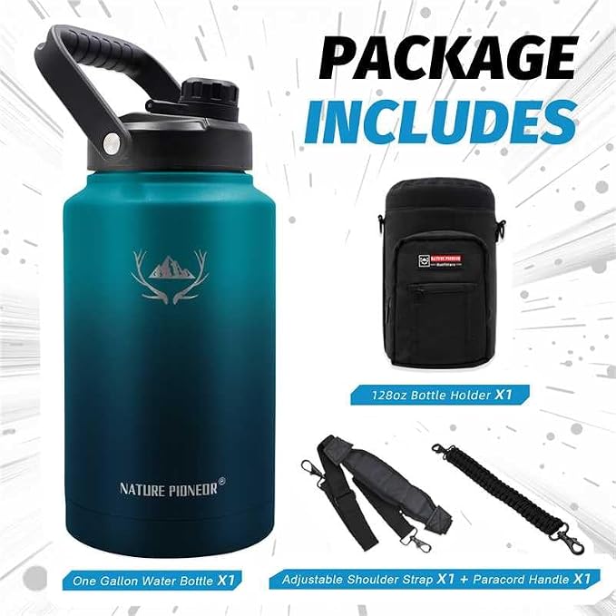 NATURE PIONEOR 1 Gallon (128oz) Insulated Water Bottle Jug with Carrier Bag | 18/8 Food-grade Stainless Steel, Double Vacuum Insulation, Wide-Mouth, Straw & Spout Lid, Strap, Camping, Hiking, Gym, Work - Image 8