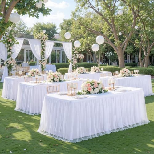 2 Pack White Tulle Tablecloths for 6 Foot Rectangular Tables, 6ft Wrinkle Free Spandex White Table Cover with Tutu Skirt for Wedding Bridal Shower Birthday Party Banquet Baby Shower Events Decorations - Image 5