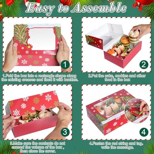 24 Pcs Christmas Cookie Boxes 8.7"x 6"x 2.7" Christmas Bakery Treat Box With Window Tag and Ribbons Goodie Candy Cookie Containers Kraft Paper Cookie Tins for Winter Holiday Xmas Party Gift Giving - Image 3