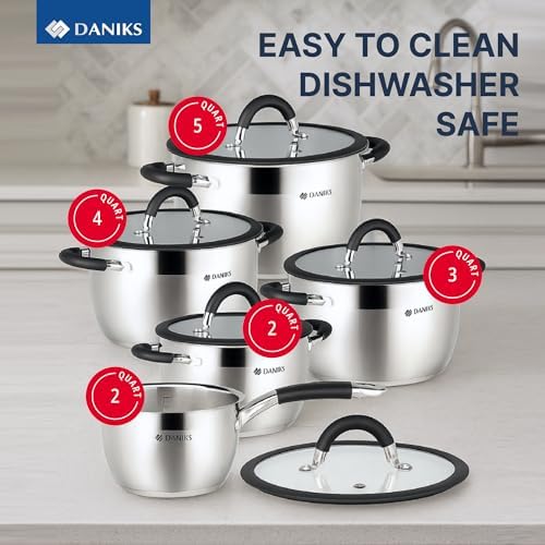 Daniks Orlando 10-Piece Stainless Steel Cookware Set with Glass Lids, Includes Saucepan, Tri-Ply Bases for Even Heating, Induction Compatible, Dishwasher Safe, Heatproof Handles - Image 2