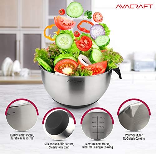 AVACRAFT 18/10 Stainless Steel Mixing Bowl Set with Lids, Black | Non-Slip Silicone Base, Ergonomic Handles, Pour Spouts, Interior Measurement Marks, Nesting Design, Dishwasher Safe - Image 5