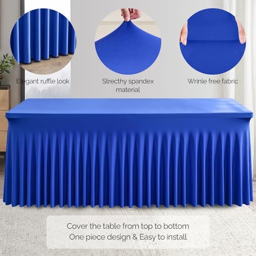 Wish Care 2 Pack Royal Blue Spandex Table Clothes for 4 Foot Rectangle Tables, 4FT Wrinkle Free Fitted Tablecloths Ruffles Design Table Cloth for Party, Banquet, Wedding and Events - Image 2