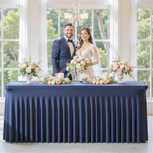 gogoparti 2 Pack Spandex Navy Blue Fitted Table Cloth for 6ft Rectangle Tables Navy Blue Stretch Tablecloth Banquet Table Covers Skirt Wrinkle Free Tablecloths for Parties Wedding - Image 2