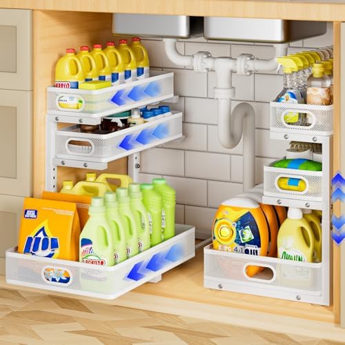 Under Sink Organizer 3 Tier, 2 Pack L-Shaped Pull-Out Cabinet Organizer with Sliding Metal Mesh Drawers, Height Adjustable Under Sink Storage Rack for Kitchen Bathroom Cabinet, White by AURIKAR