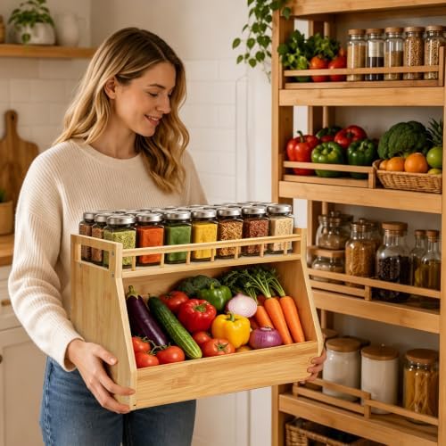 Potato and Onion Storage Bin, Bamboo Pantry Organizer with Spice Rack, 2 Tier Open Front Produce Storage Bin for Kitchen Counter Coffee Bar Garlic Fruit and Root Vegetable Storage - Image 6