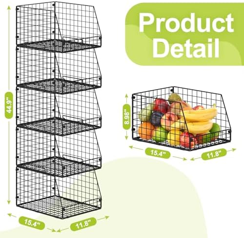 Jakyitvi 5 Pack XXL Stackable Wire Storage Basket, Extra Large Capacity Pantry Organizer and Storage, Muti-Purpose for Fruit Vegetable Basket & Toy Bin & Snack Organizer - Image 7