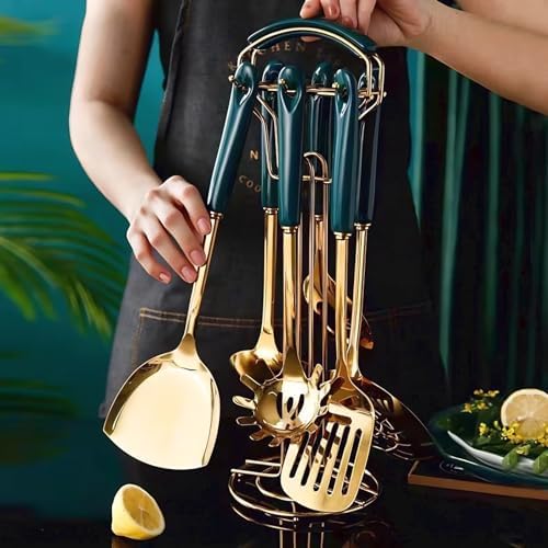 Novellus Stainless Steel Gold Kitchen Utensils Set with Holder, 7pcs Green | Kitchen Accessories for Cooking Includes Soup Ladle, Metal Spatula, Slotted Spoon, Slotted Spatula, Pasta Spoon, Green - Image 2