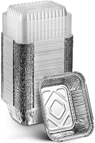 MontoPack Disposable Takeout Pans with Clear Lids | 1lb Capacity Aluminum Foil Food Containers with Strong Seal for Freshness & Spill Resistance | Eco-Friendly & Recyclable | 50-Pack of 5x4” Drip Pan by MontoPack