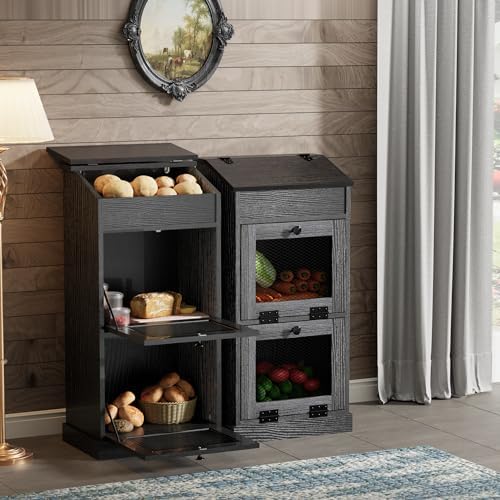 ONG Potato Storage Bin Wood Sets of 2, Wooden Double Bread Storage Bins, Decorative Potato and Onion Storage Bin Set 2, Potato Bin with Grocery Section, Wooden Vegetable Storage Box with Lid, Black - Image 7
