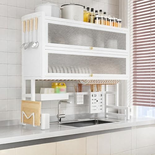 Over Sink Dish Drying Rack 2 Tier Stainless Steel Dish Drainer with Cover and Utensil Holders Large Capacity Space Saving Kitchen Organizer by SofaHillsBrandflagship