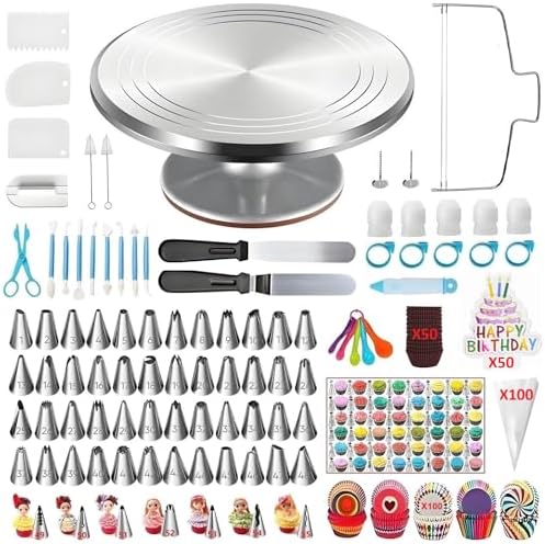 ANSLYQA Cake Decorating Kit, 393 Pcs Baking Tools | Aluminium Cake Turntable, Leveler, 55 Numbered Icing+Skirt Tips, 2 Spatulas, 100 Pastry Bags, 150 Cupcake Liners & More by ANSLYQA
