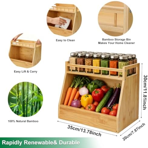 Potato and Onion Storage Bin, Bamboo Pantry Organizer with Spice Rack, 2 Tier Open Front Produce Storage Bin for Kitchen Counter Coffee Bar Garlic Fruit and Root Vegetable Storage - Image 2