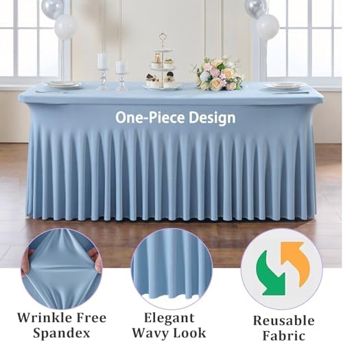 6 Pack Dusty Blue Spandex Tablecloths for 6 Foot Rectangle Tables, Wrinkle Free Stretchy Table Cloths 6ft Fitted Table Cover DeskSkirt for Weddings Birthday Party Banquet Baby Shower - Image 2