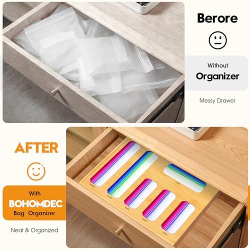 Bamboo Ziplock Bag Organizer for Kitchen Drawer & Wall Mount, Food Storage Baggie Holder, Fits Gallon Quart Sandwich Snack Freezer & Slider Bags, No Assembly, 6 in 1,Natural Color - Image 2