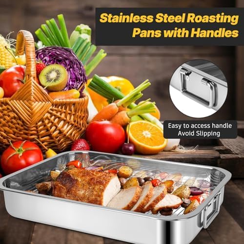 2 Pcs 12.7"15.5" Stainless Steel Roasting Pans with Handles, Baking Pan for Oven with 2 Pcs Flat Racks, Heavy Duty, Dishwasher Safe Rectangular Lasagna Pan with Handles for Turkey Chicken, Silver - Image 2