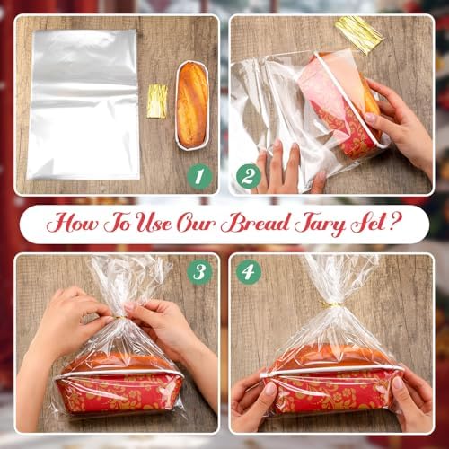 Vesici 100 Sets Christmas Paper Loaf Pans Mini Disposable Baking Pans | 6.3 x 2.2 x 2.2 Inch, Cake Pan Liners, with Clear Plastic Bags and Ties, Xmas Rectangle Bread Mold for Bakery - Image 3