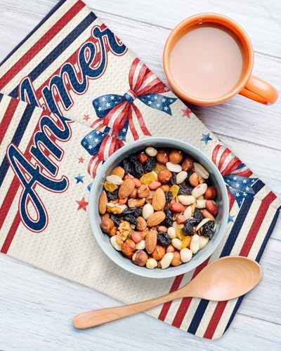 Independence Day Dish Towels Set, Waffle Weave Kitchen Towels 2 Pieces, Patriotic USA Flag Bow Wreath Striped Microfiber Hair Face Bath Tea Towel Absorbent Quick Drying Cleaning Dish Cloths, 12"x12" - Image 3