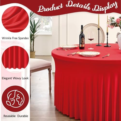 Outpain 6 Pack Red 72inch Spandex Round Tablecloths Stretchy 132inch Fitted 6FT Round Table Cloths, Wrinkle Free Table Cover with Skirt for Wedding Party Dining Banquet - Image 6